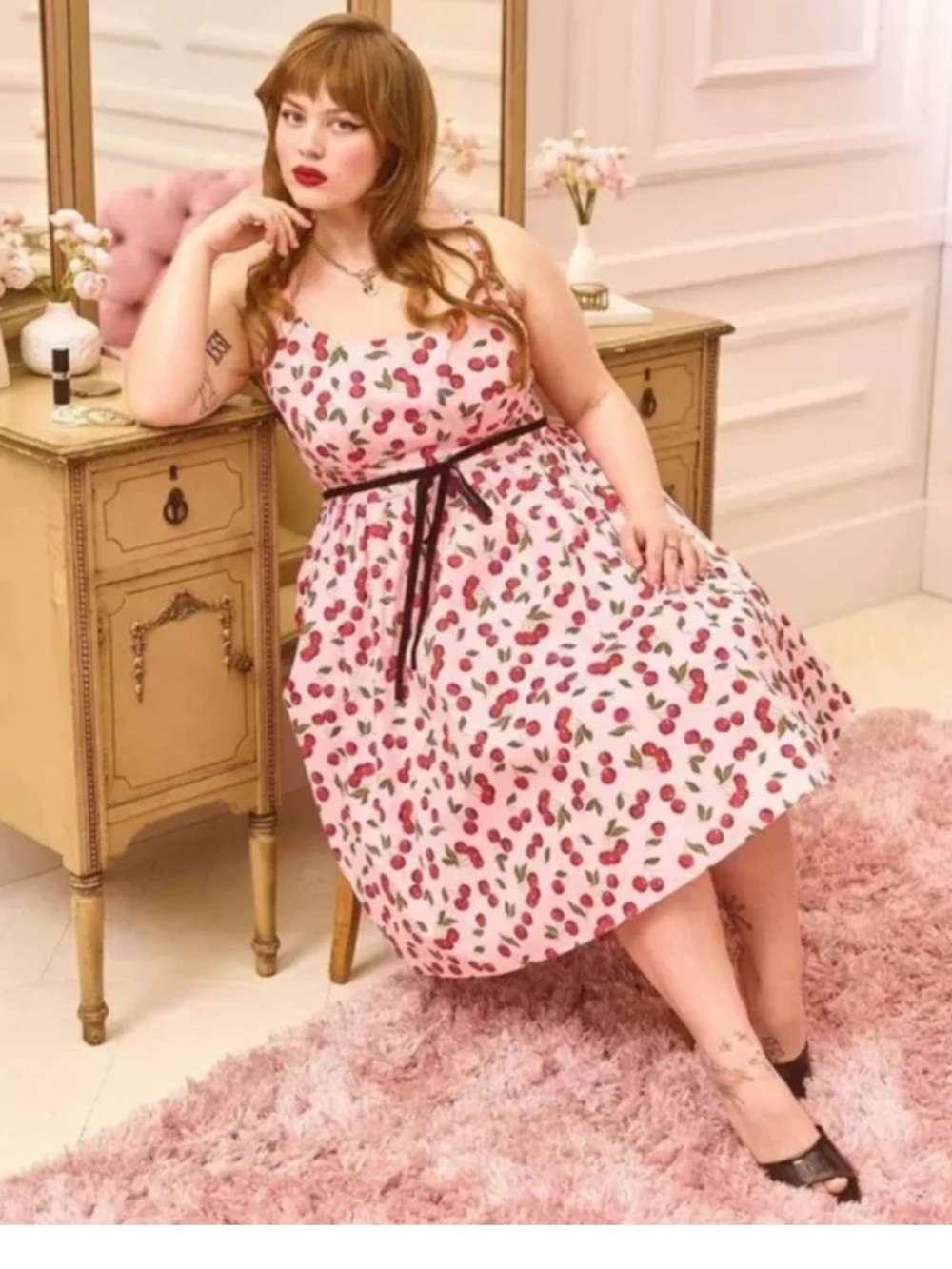 torrid Pink Cherry Print Midi Dress with Black Tie